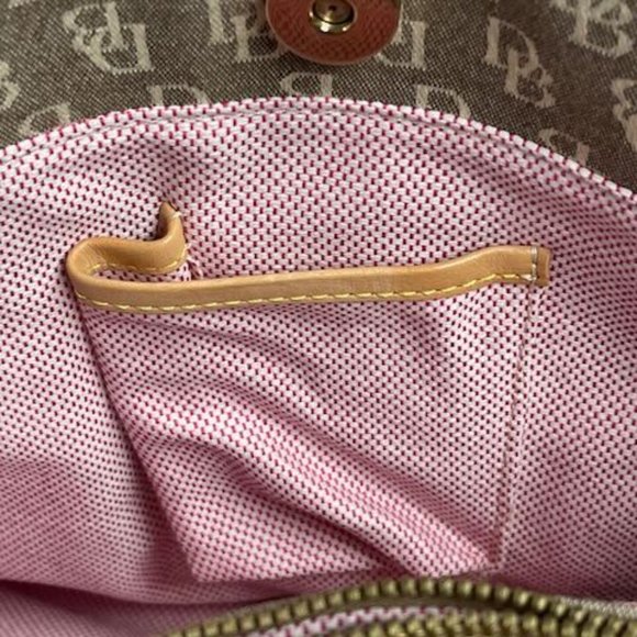 Dooney & Bourke cloth signature handbag/purse w leather straps. Light brown/tan. - Picture 8 of 11